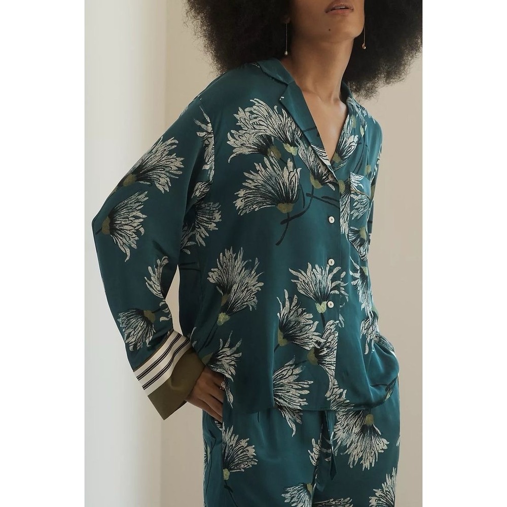 Anthropologie Oversized Button Front Pajama Shirt Womens M Teal Green Floral $78